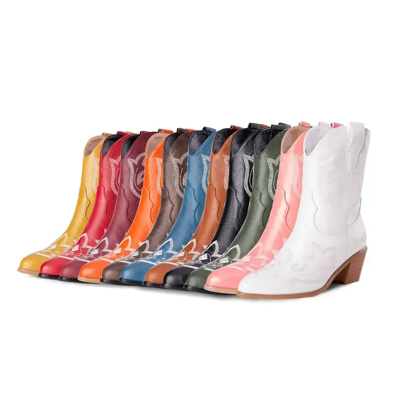 Trend Extra Große Größe 32-54 Helle Orange Farbe Sticken Western Cowboy Schuhe Chunky High Heels Winter Warme Knöchel Frauen stiefel