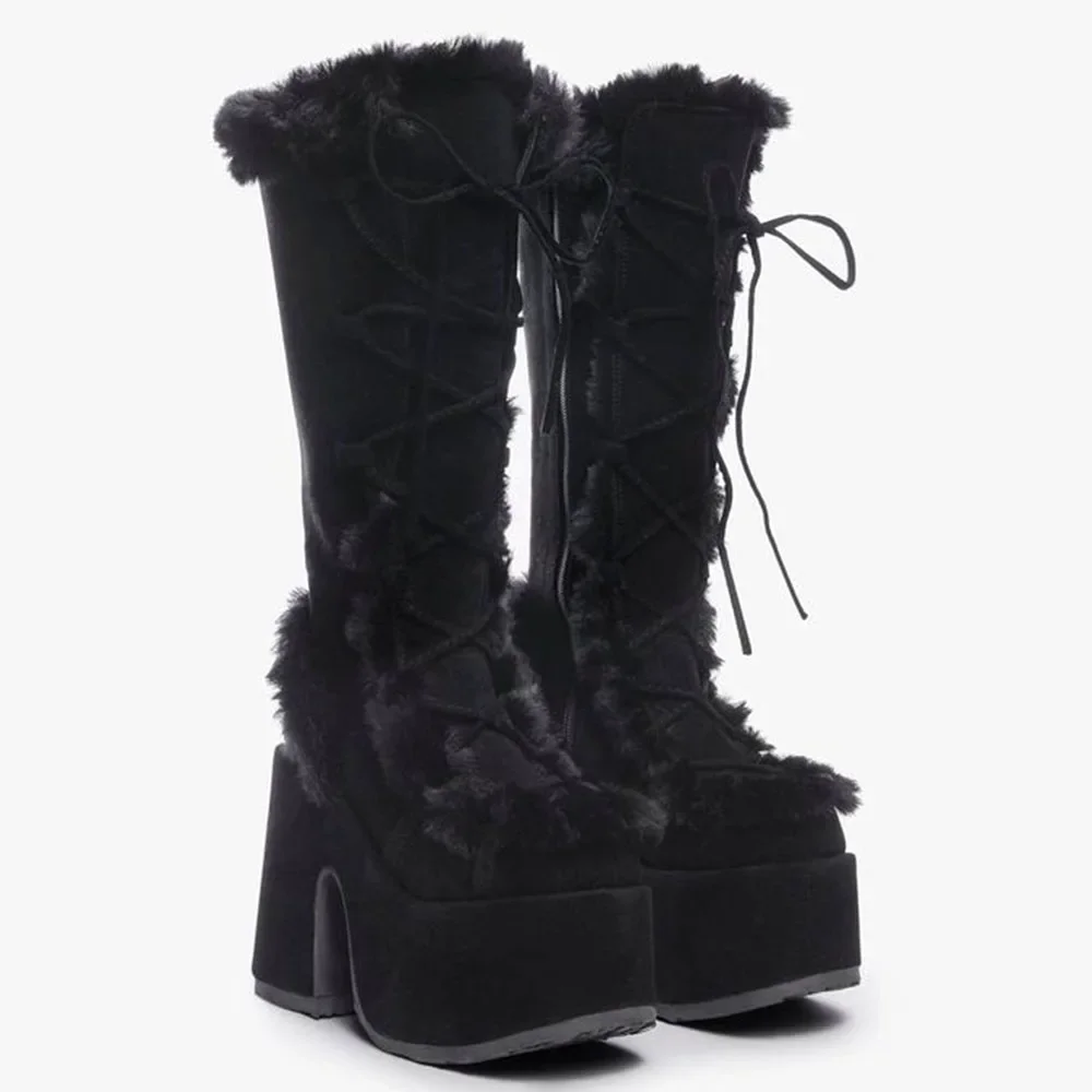 2024 Winter Große Größe 43 Y2K Weiße Punk-Style Damen Kunstfell Chunky Plateau-Stiefel Gotische Schwarze Blockabsatz-Schuhe