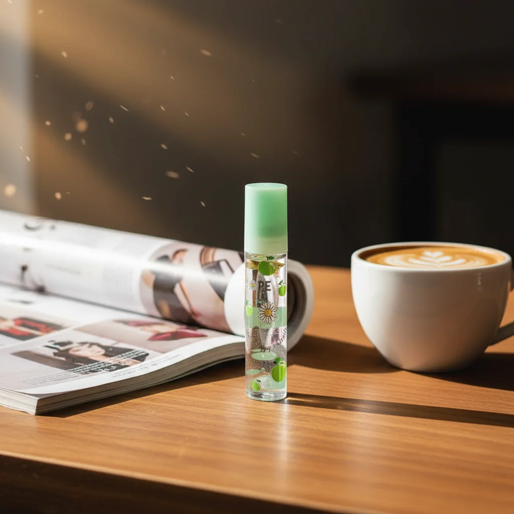 Fruchtiges Roll-On-Lippenöl, transparenter, feuchtigkeitsspendender Lippenbalsam-Gloss mit getrockneten Blüten, langanhaltendes, hydratisierendes Lippenpflegeserum für Frauen Image
