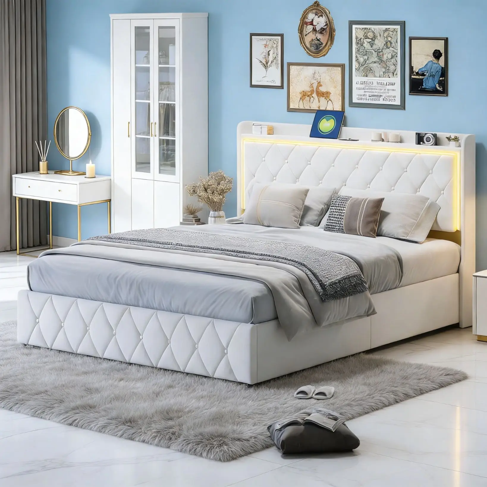 Beige Velours Polsterbett mit Bettkasten, Hydraulik Stauraumbett, Doppelbett mit LED Kopfteil und USB Anschluss, Modernes Bett Image