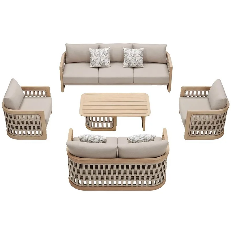 Nordische Outdoor-Gartenmöbel, Teakholz-Sofa-Set für Terrasse und Poolbereich, Massivholz-Sitzgruppe