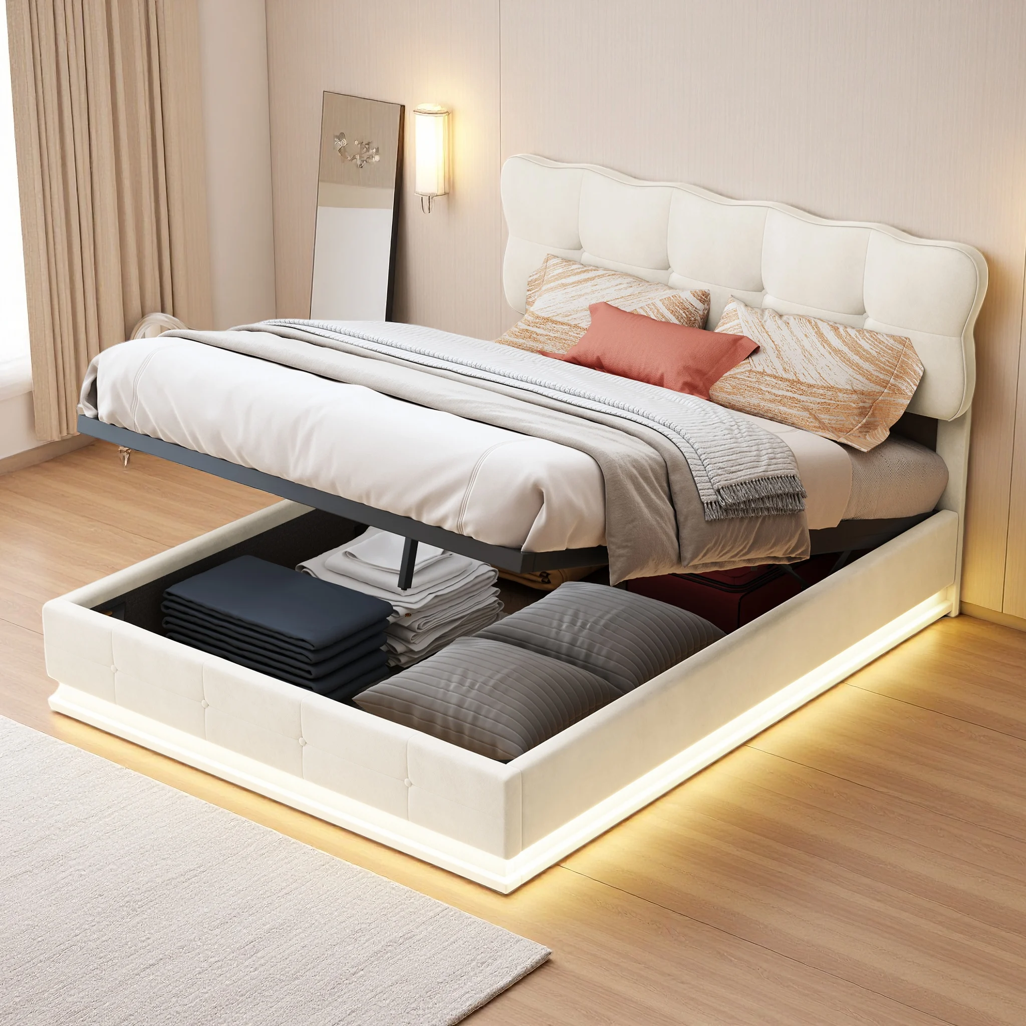 Anajqaqia 140x200cm Polsterbett, Funktionsbett, Hydraulikbett mit Stauraum und LED-Beleuchtung, Samt, Beige Image