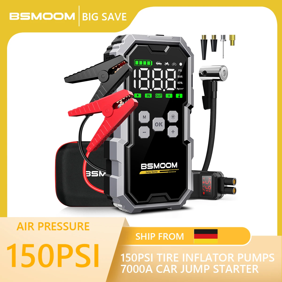 1500A tragbarer kabelloser Starthilfe-Luftkompressor mit Luftkompressor, tragbarer Batteriestarter mit Spitzenleistung, tragbares Autobatterieladegerät für 12V (alle Benzin-/10L-Dieselvarianten) zum Image