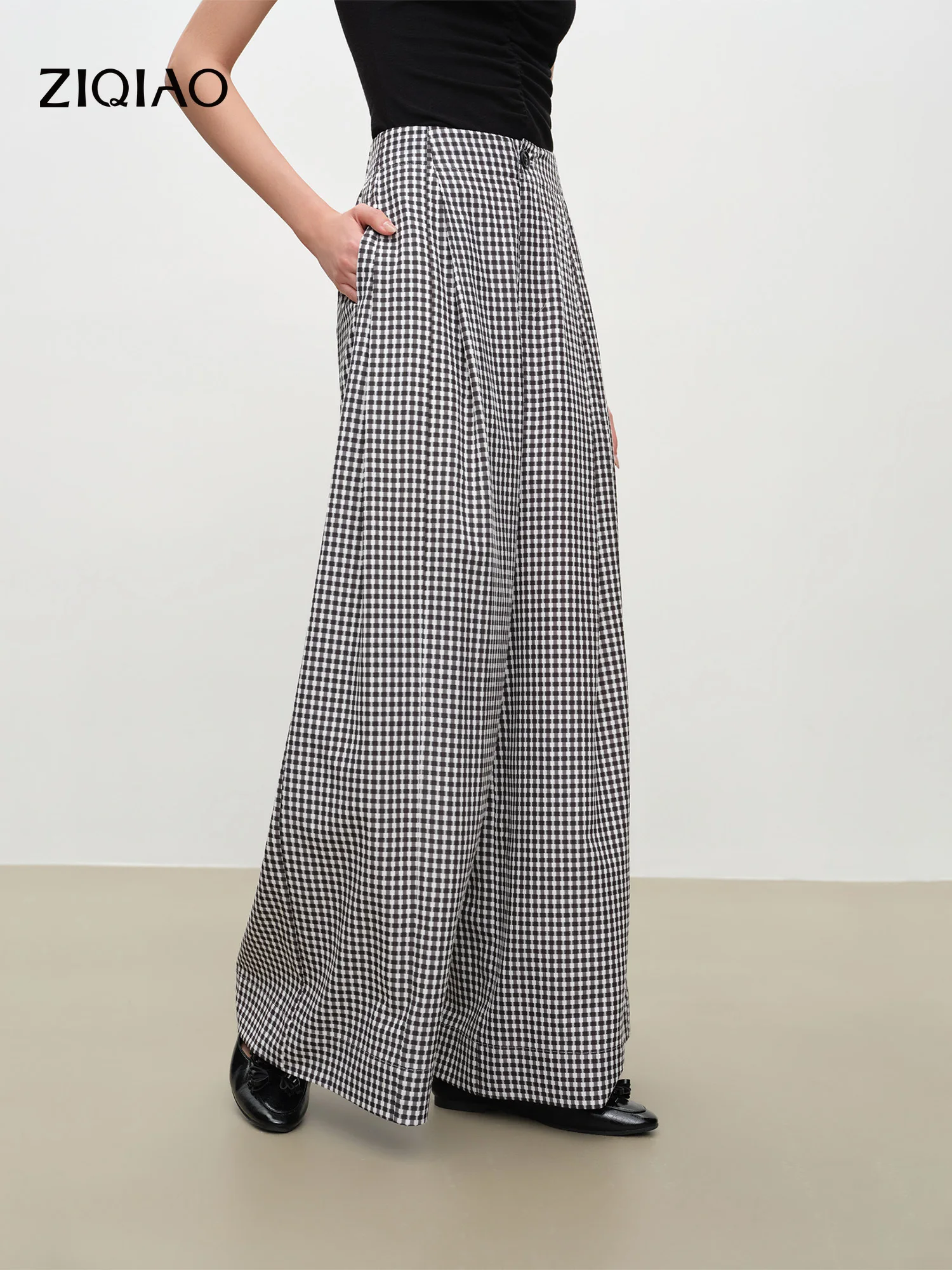 ZIQIAO Retro Karierte Weite Culottes für Damen 2026 Sommer Neuer Stil Hochgeschnittene Schlankmachende Lässige Urlaubs-Karohose Image