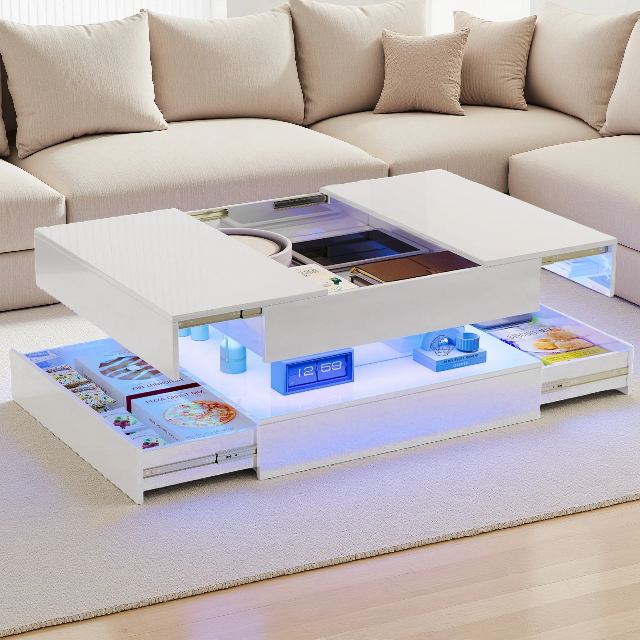 Hochglänzender Couchtisch, 78x78x43cm, quadratischer moderner Beistelltisch mit 2 Schubladen und LED-Beleuchtung, mit verstecktem Stauraum. Image
