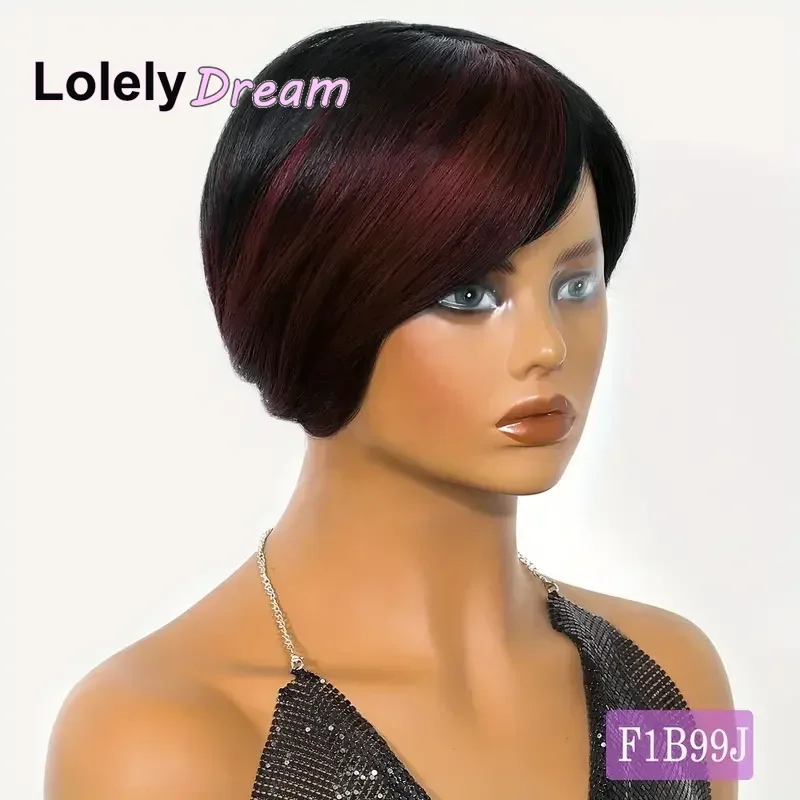 Gerade, kurze Pixie-Cut Echthaarperücken, vollständig maschinell gefertigt # 1B/27 # 1B/99J # 1B/Bug Ombre Farbige Haarverlängerungen Bequem zu Tragen Image
