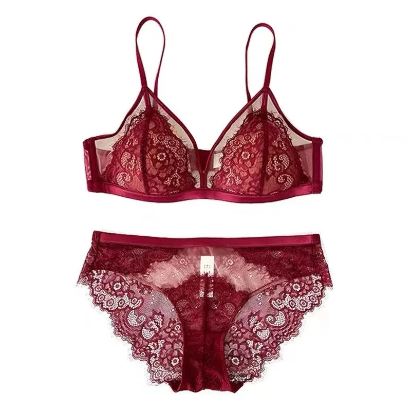 Damen Drahtloses Dessous-Set Französische Retro-Spitze Blumenmuster Dreieck-BH Ohne Polsterung Komfortabel Durchsichtig für Junge Mädchen Kleine Büste S-XL Image