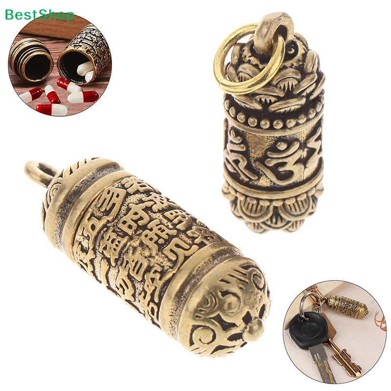 〔Zoe〕Hohler Buddha-Sutra-Zylinder-Anhänger aus Messing, Schlüsselanhänger, handgefertigte Vintage-Pillendose, Behälterflasche Image