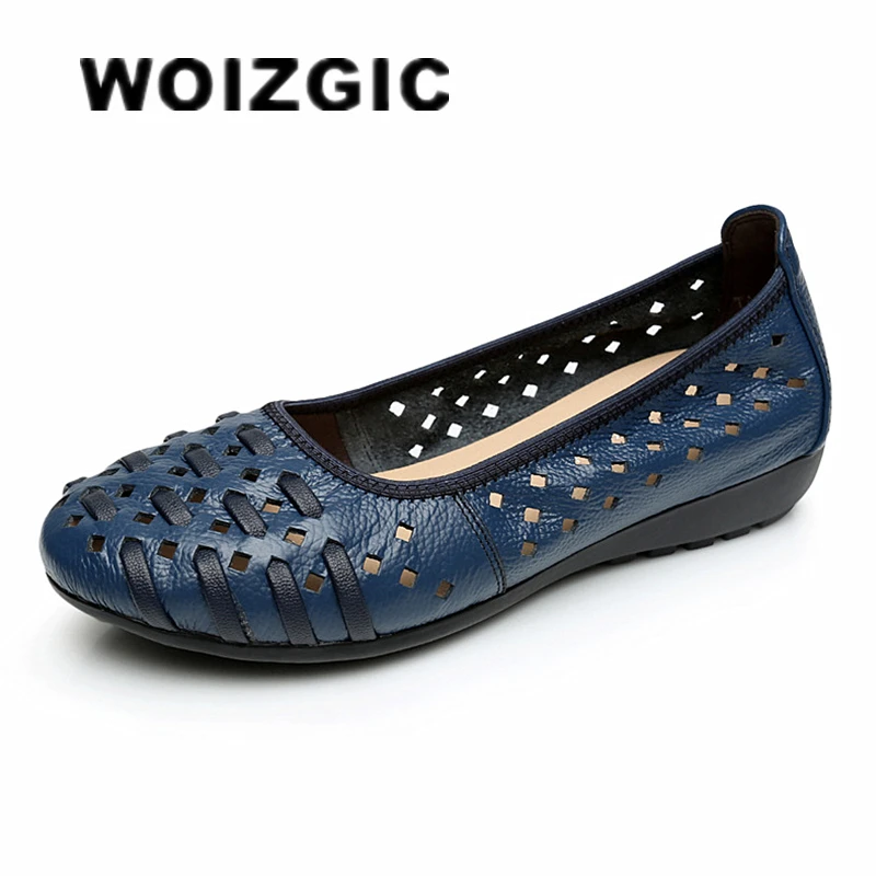 WOIZGIC Mutter-Damenschuhe, Sandalen, flache Schuhe, aushöhlen, echtes Leder, Slip-On-Loafer, weich, Sommer, Strand, Vintage, Übergröße 42 43