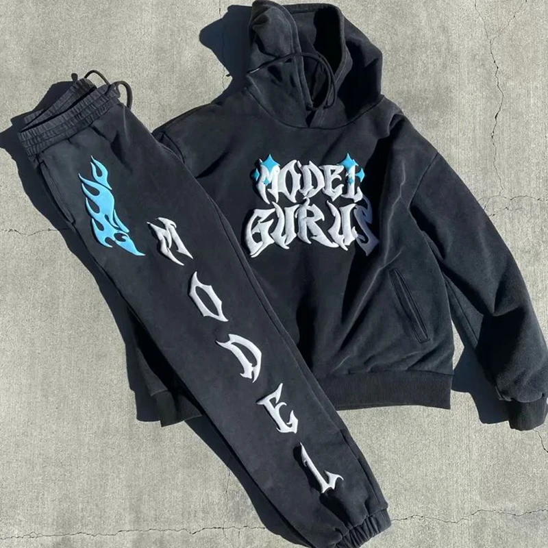 OEM Logo personalizzato Vintage lavaggio acido Unisex 3D stampa felpa con cappuccio tuta pantaloni larghi due pezzi Set di felpe stampa soffio Set felpe con cappuccio per uomo