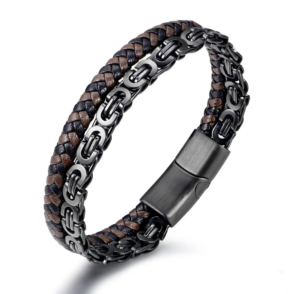 Nuovo Bracciale da Uomo alla Moda Nero e Oro Stile Hip Hop Classico in Pelle con Catena in Acciaio Inossidabile Gioielli Raffinati per Regalo