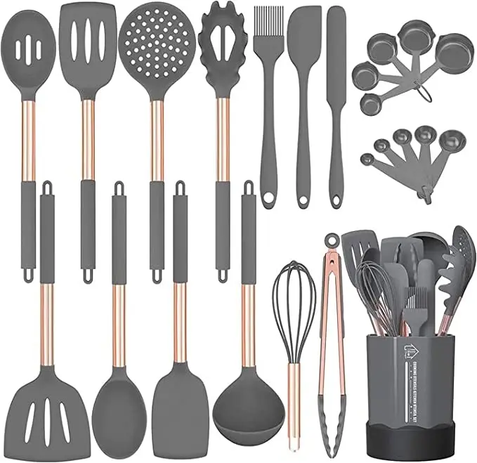 Set di 24 Utensili da Cucina in Silicone Grigio Senza BPA Antiaderenti Resistenti al Calore Ecologici Lavabili in Lavastoviglie in Acciaio Inossidabile