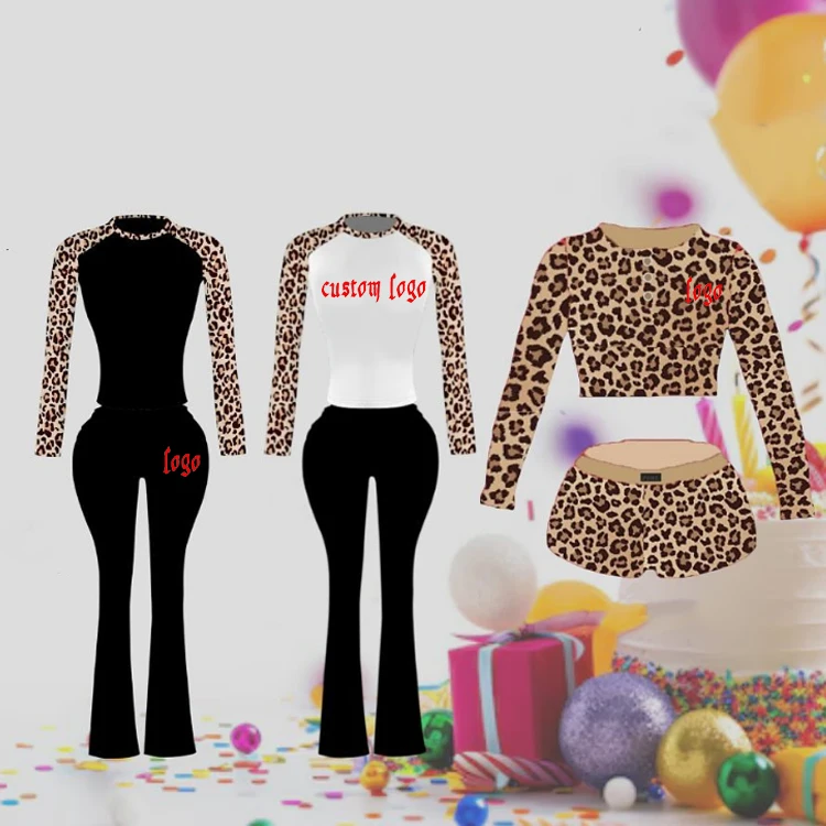 Set da donna con stampa leopardata Set da donna camicia con Logo personalizzato e pantaloni a zampa 2 pezzi Set da salotto con stampa leopardata