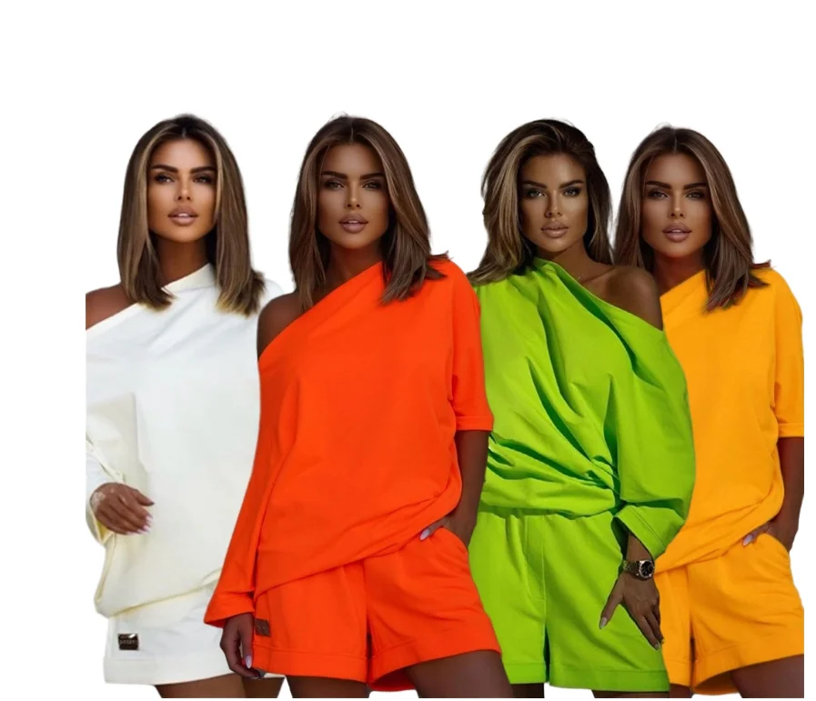 Completo Estivo da Donna di Tendenza Nuovo Arrivo Top Sciolto con Spalle Scoperte e Pantaloni al Ginocchio in Tessuto Elasticizzato a Tinta Unita