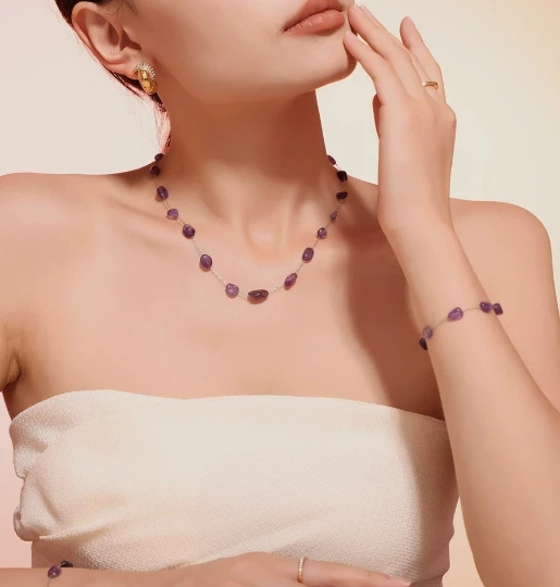 Set di gioielli di moda in acciaio inossidabile set di gioielli in pietra naturale 18k oro placcato viola set di gioielli in cristallo per le donne