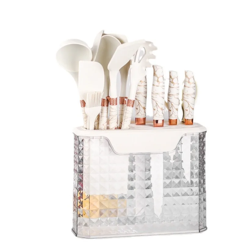 LOVFE Set da 16 Pezzi di Utensili da Cucina in Silicone all'Ingrosso con Set di Coltelli Tagliere e Supporto