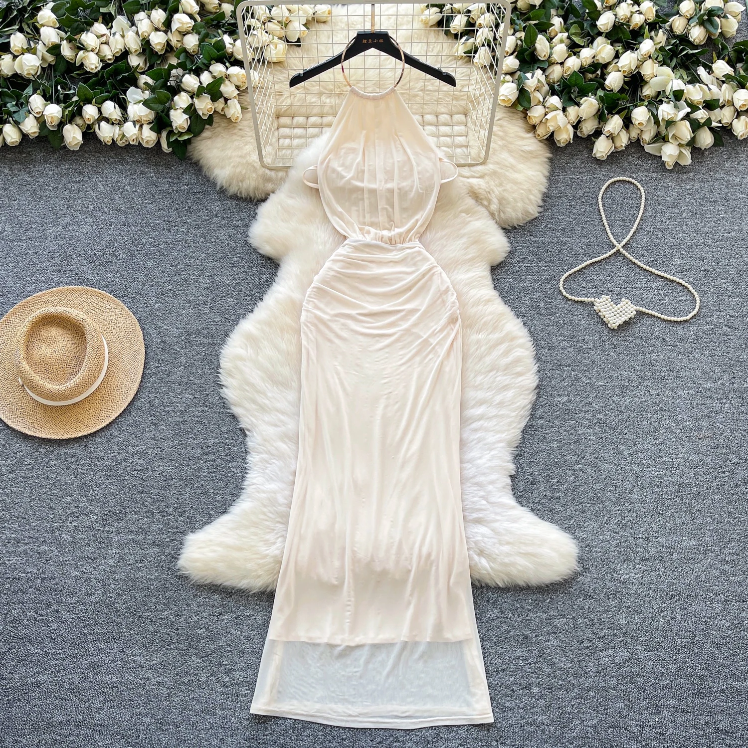 Abito lungo estivo Y2K con scollo all'americana slim fit senza maniche in rete stile impero per donna