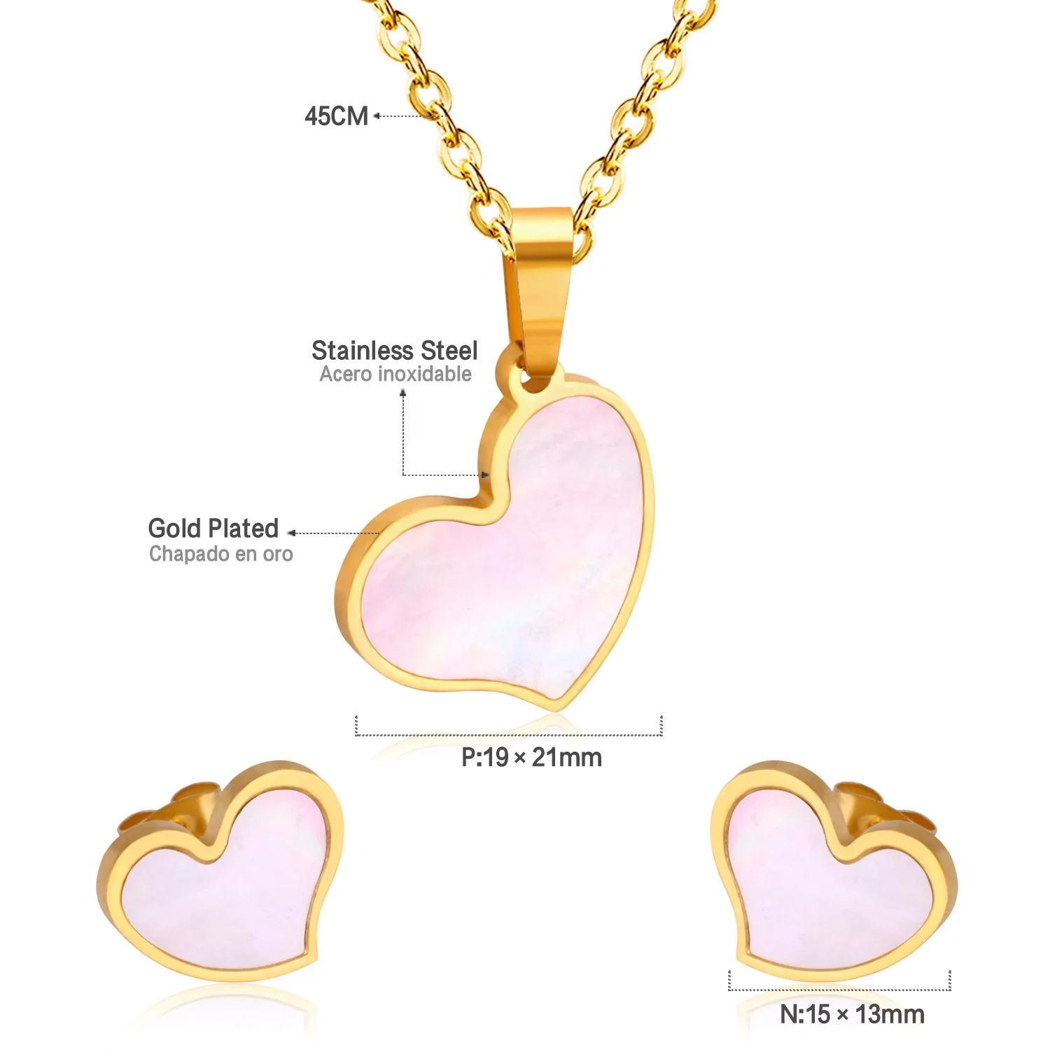Set di Gioielli in Acciaio Inossidabile Placcato Oro 18K con Cuore in Madreperla Rosa Collana e Orecchini Minimalisti Regalo per San Valentino