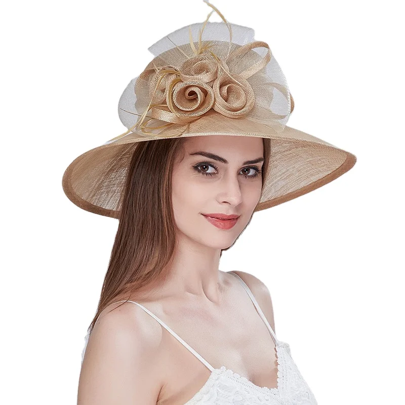 Pronto per la spedizione di moda da donna cappello da sole blu cielo a tesa larga Kentucky Derby Sinamay chiesa cappello da festa con maglia piuma