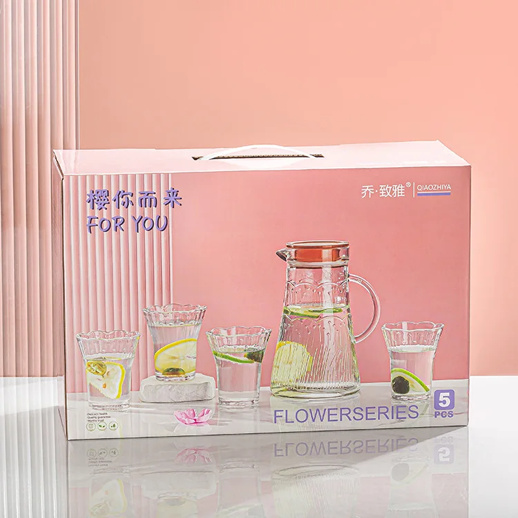 5 pezzi teiera di vetro e tazza di acqua durevole acqua fredda bollitore ultimo stile a forma di fiore tazza trasparente acqua fredda brocca di vetro Set regalo