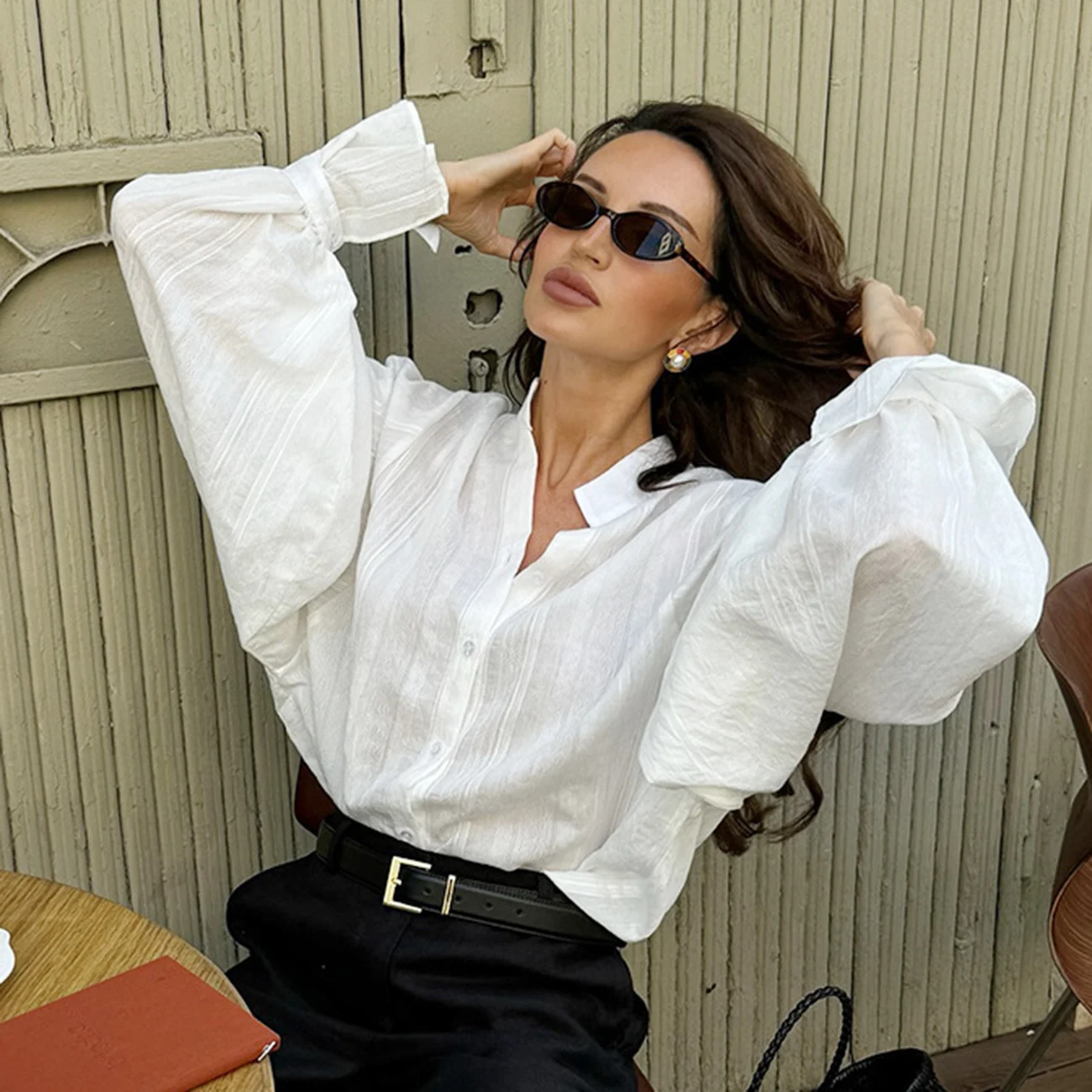 Enyami da donna di grandi dimensioni top dolce fresco scollo a V lanterna manica lunga camicette eleganti camicia da donna