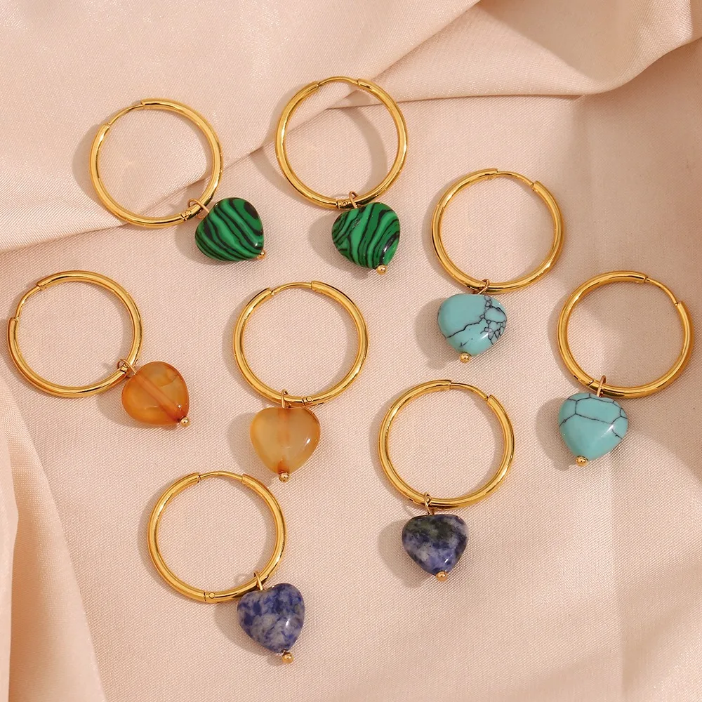 Regalo di san valentino 2024 gioielli di moda a forma di cuore orecchini a cerchio con pietre preziose naturali 18K gioielli in acciaio inossidabile placcato oro