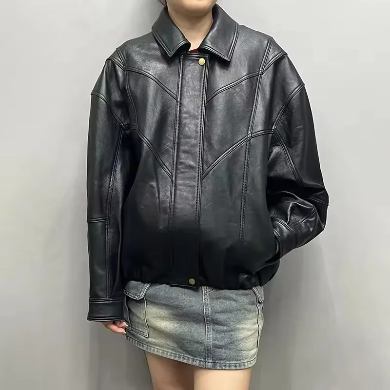 Bomber autunno inverno giacca da donna giacca di pelle moto con cerniere signore cappotto in vera pelle