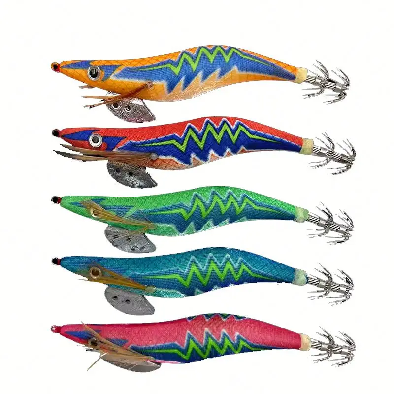 Set di Esche in Legno per Pesca al Gambero Topline Gancio per Calamari 2.5/3.0/3.5 # Esca Artificiale Luminosa a Forma di Polpo e Seppia