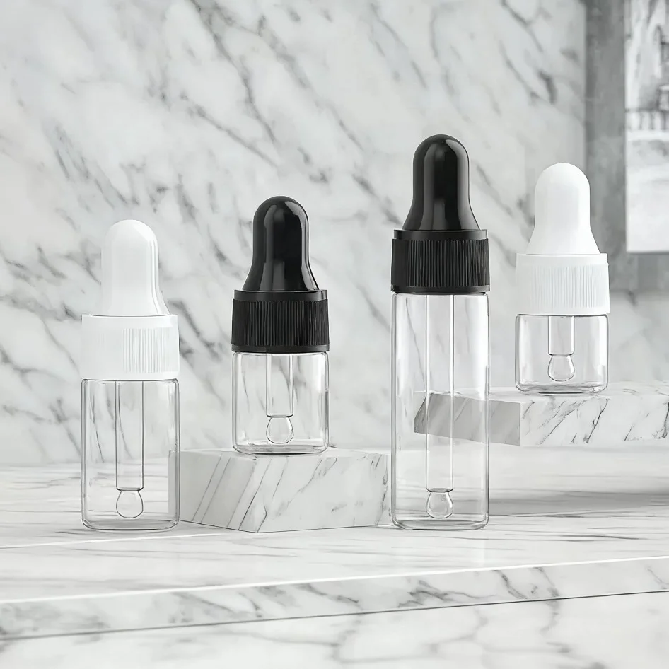 Commercio all'ingrosso di forma rotonda 1ml 2ml 3ml 5ml colore trasparente trasparente olio essenziale contagocce bottiglia di vetro per il siero cosmetico