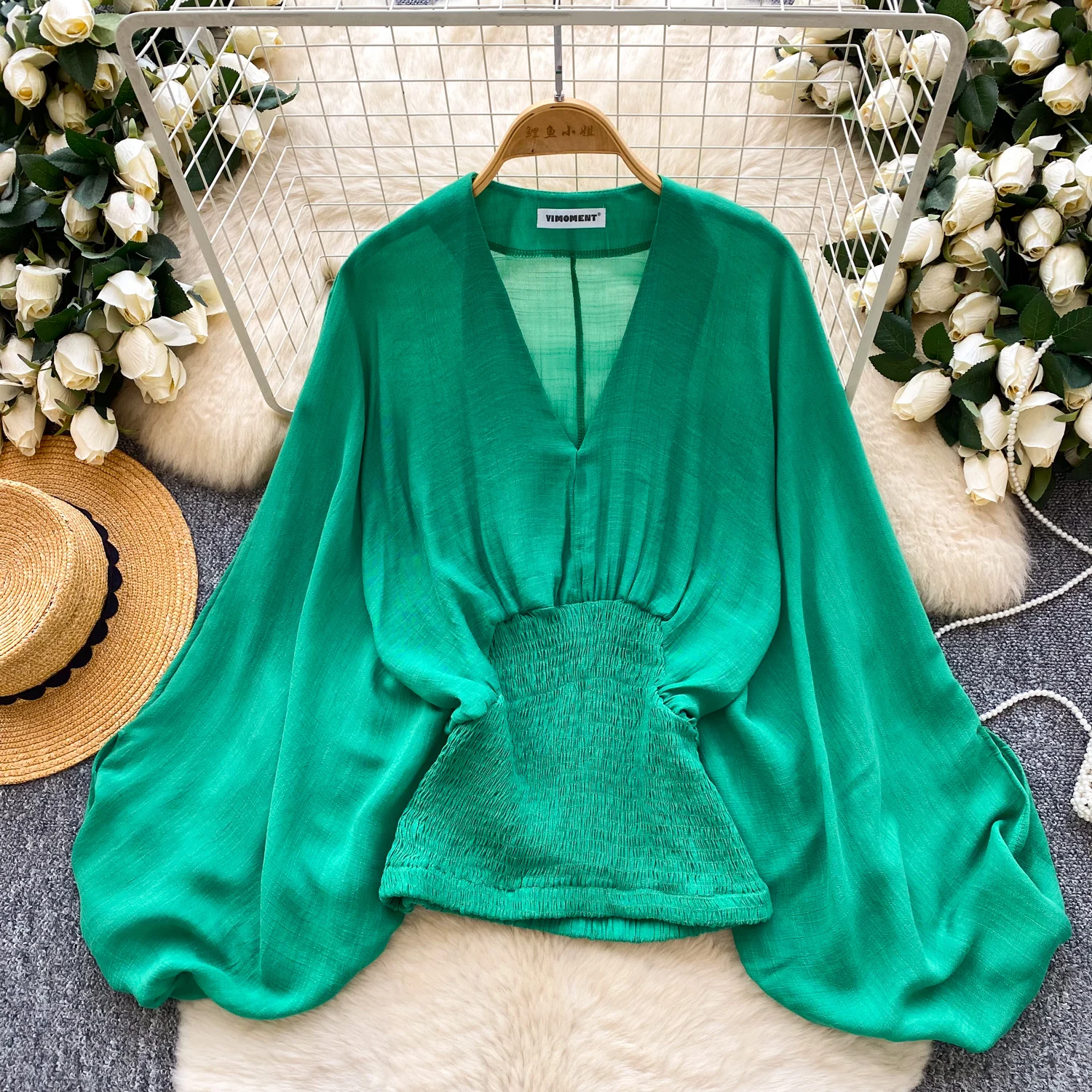 Camicette Eleganti da Donna a Maniche Lunghe con Scollo a V Maniche a Lanterna Tinta Unita Top Eleganti da Donna Abbigliamento Donna all'Ingrosso