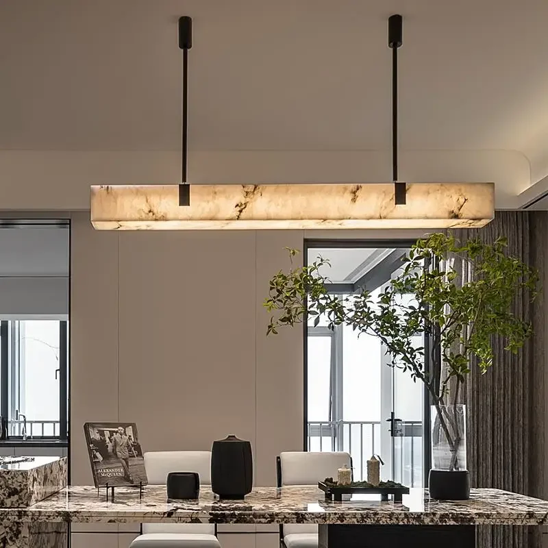 Moderner langer Marmor-Kronleuchter für Esszimmer, Küchentisch, luxuriöse Kupfer-Pendelleuchte, Bronze, minimalistische Hängeleuchte