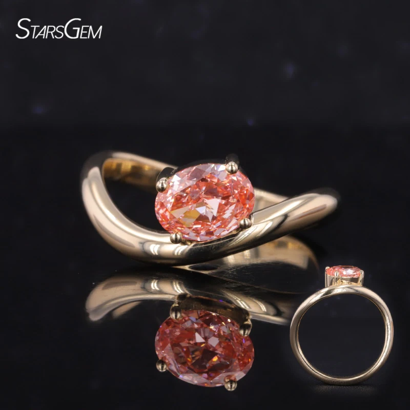 Anello con Diamante Rosa Personalizzato Starsgem in Oro 10k 14k Certificato IGI Diamante Ovale Creato in Laboratorio Anello di Fidanzamento con Diamante Sintetico