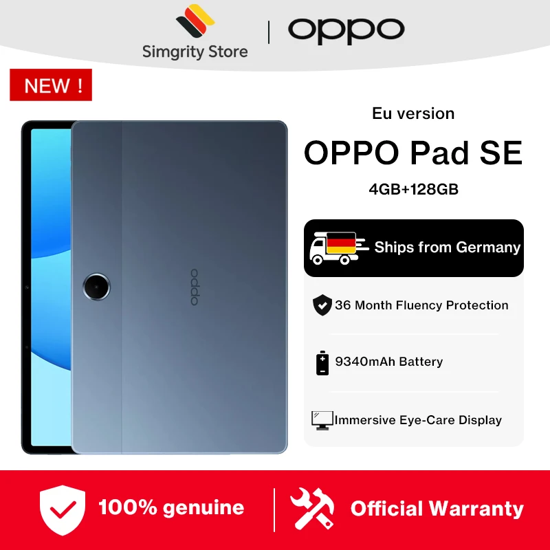 OPPO Pad SE 4 GB + 128 GB Blaues Tablet, LCD-Display mit einer Auflösung von 1920 × 1200, Akku mit 9340 mAh/36,06 Wh (typisch), 33 W Schnellladefunktion, Gesichtserkennung, Wi-Fi 5, Bluetooth 5.4, USB Image