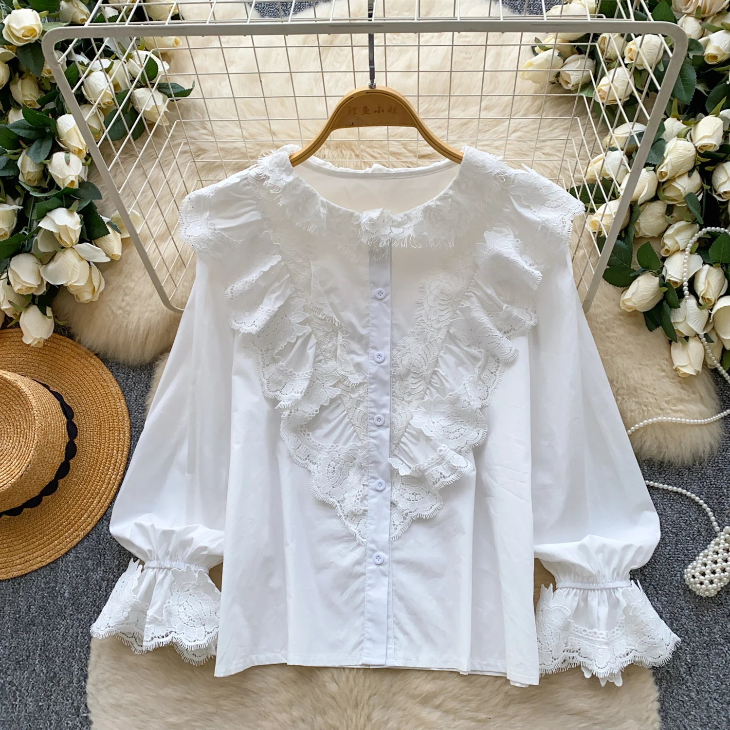 Camicette Eleganti da Donna a Maniche Lunghe con Scollo a O in Pizzo Tinta Unita con Volant Top Eleganti da Donna Abbigliamento Donna all'Ingrosso