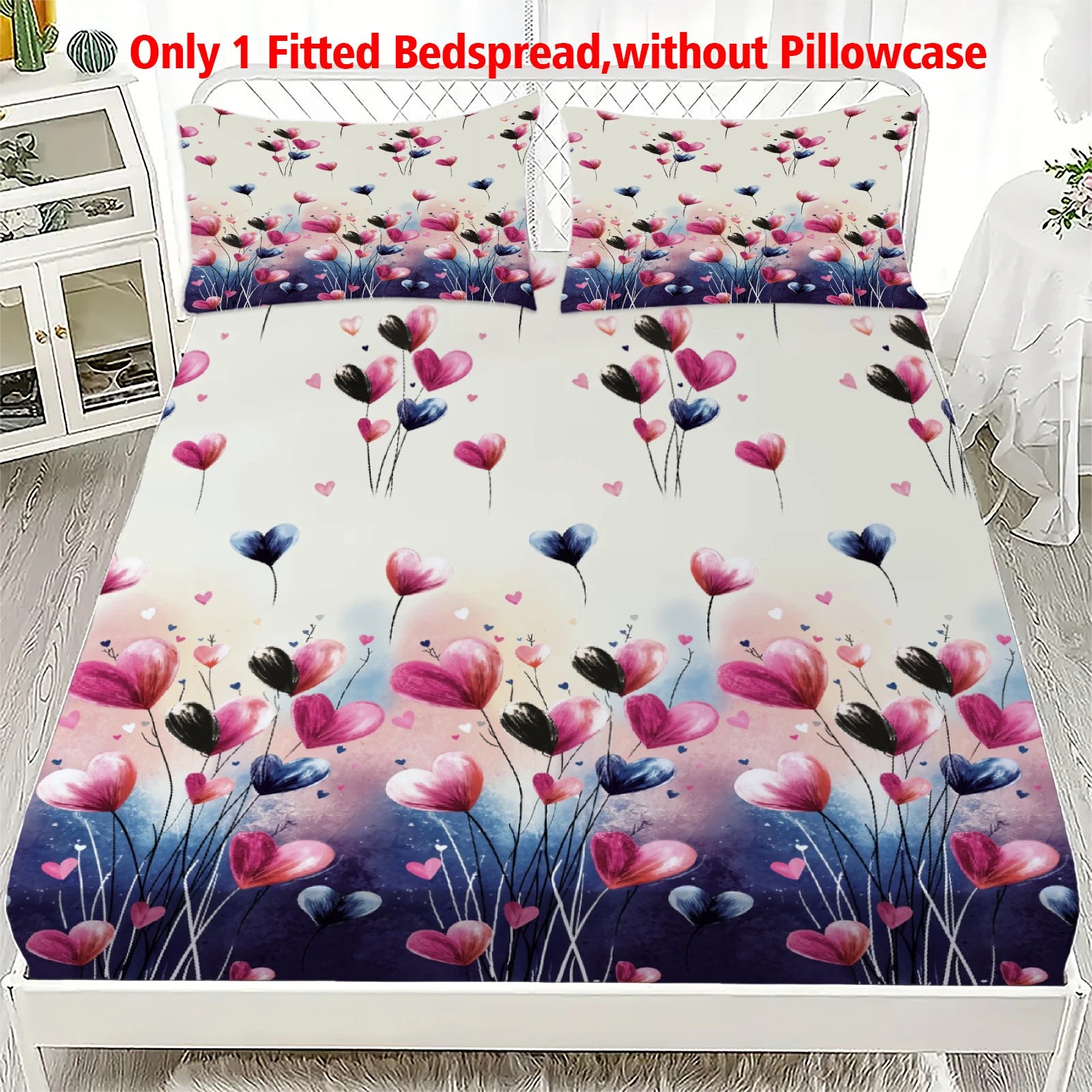 1 Stück Romantische Herz-Blumen-Bedruckte Spannbettlaken mit Tiefen Taschen Elastischer Matratzenbezug Einzel Doppel Queen King Schlafzimmer Deko Image