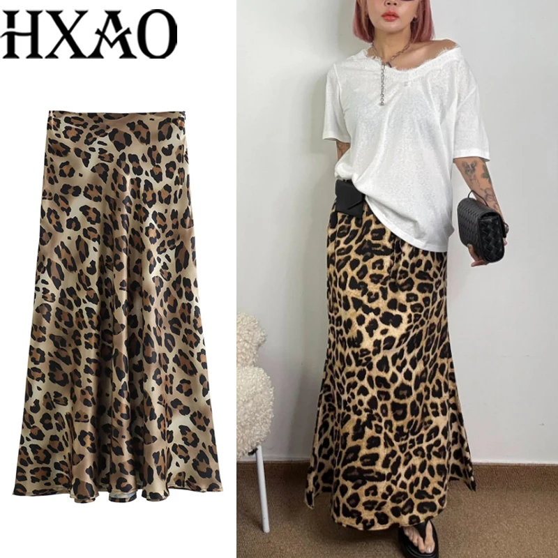 HXAO Leopard Lange Röcke Für Frau Vintage Animal Print Braun Rock Frauen Sommer Herbst Elegante Satin Rock Weibliche Midi Rock