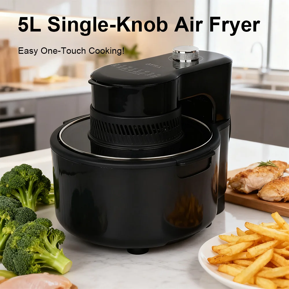 2026 Neue 5L Heißluftfritteuse mit Einzelknopfbedienung, Klappdeckel & Carbon-Kristallrohr, 1200W Multifunktionale Großraum-Heißluftfritteuse