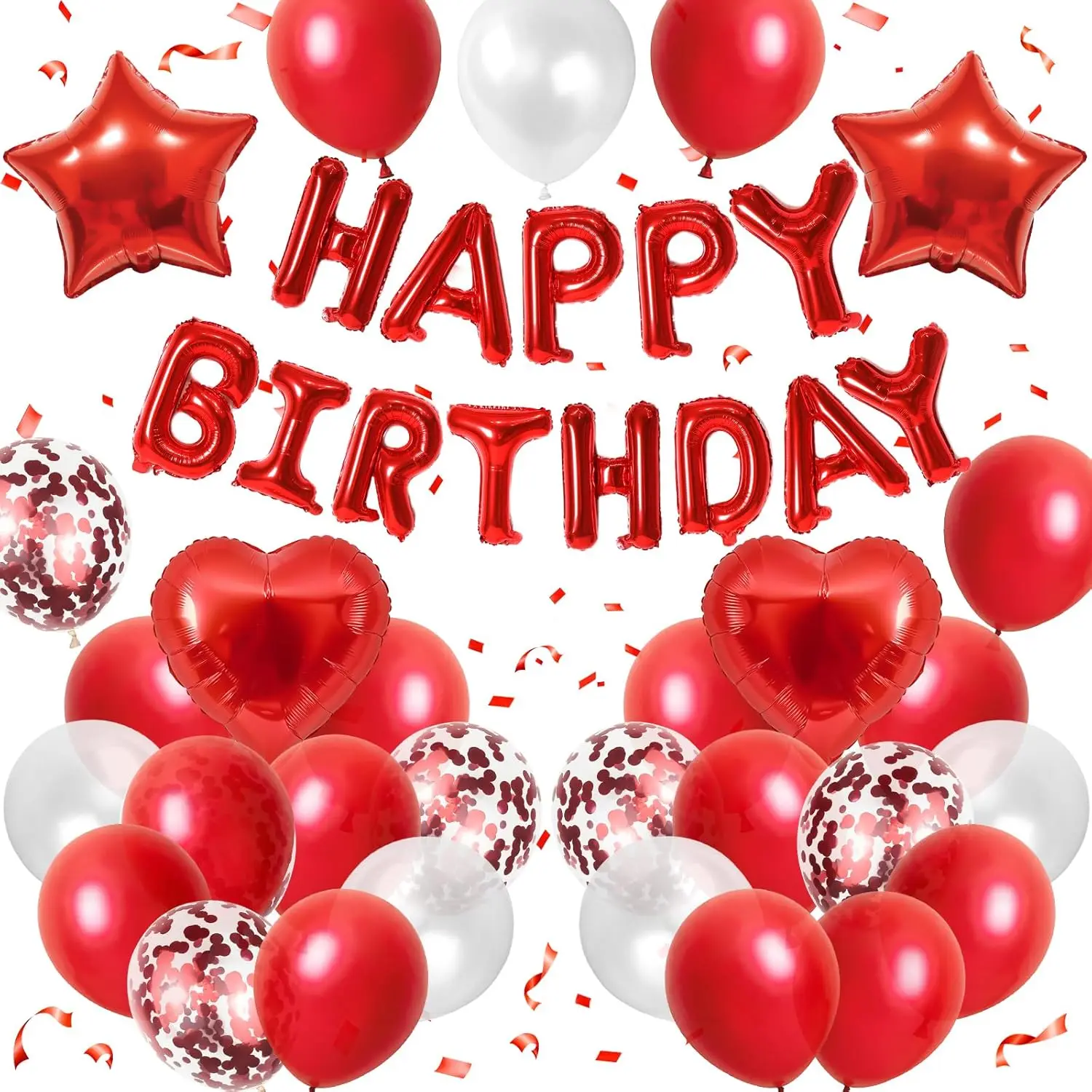 Rot-Weißes Geburtstags-Dekorations-Set - Happy Birthday Banner & Herz/Stern-Folienballons für Frauen & Mädchen Geburtstagsfeier Image
