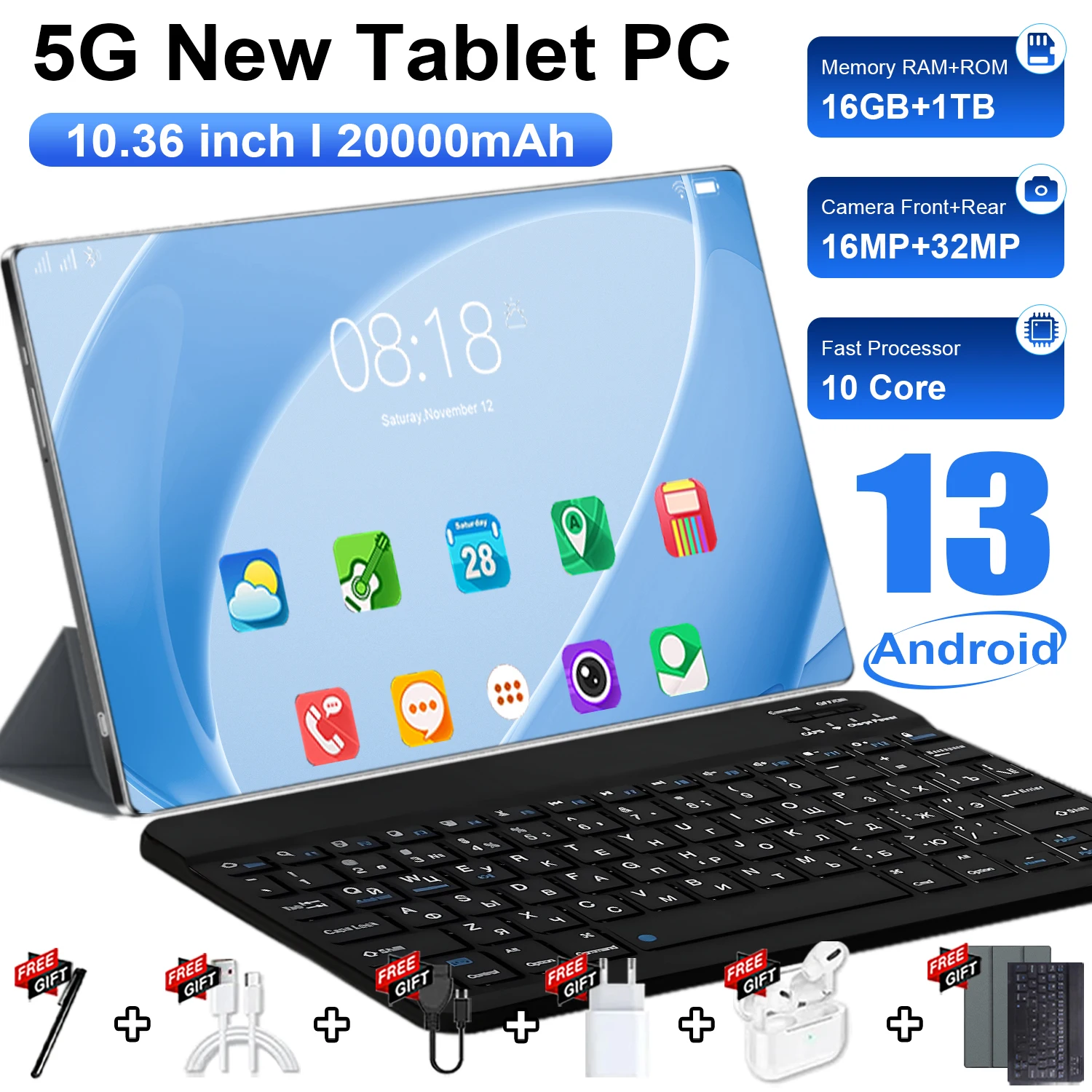 Nuovo Tablet 5G 2026 da 10.36 Pollici, 16GB+1TB, 14 Core, 20000mAh, Android 13.0, Bluetooth, WIFI, GPS, Tablet HD con Tastiera per Ufficio