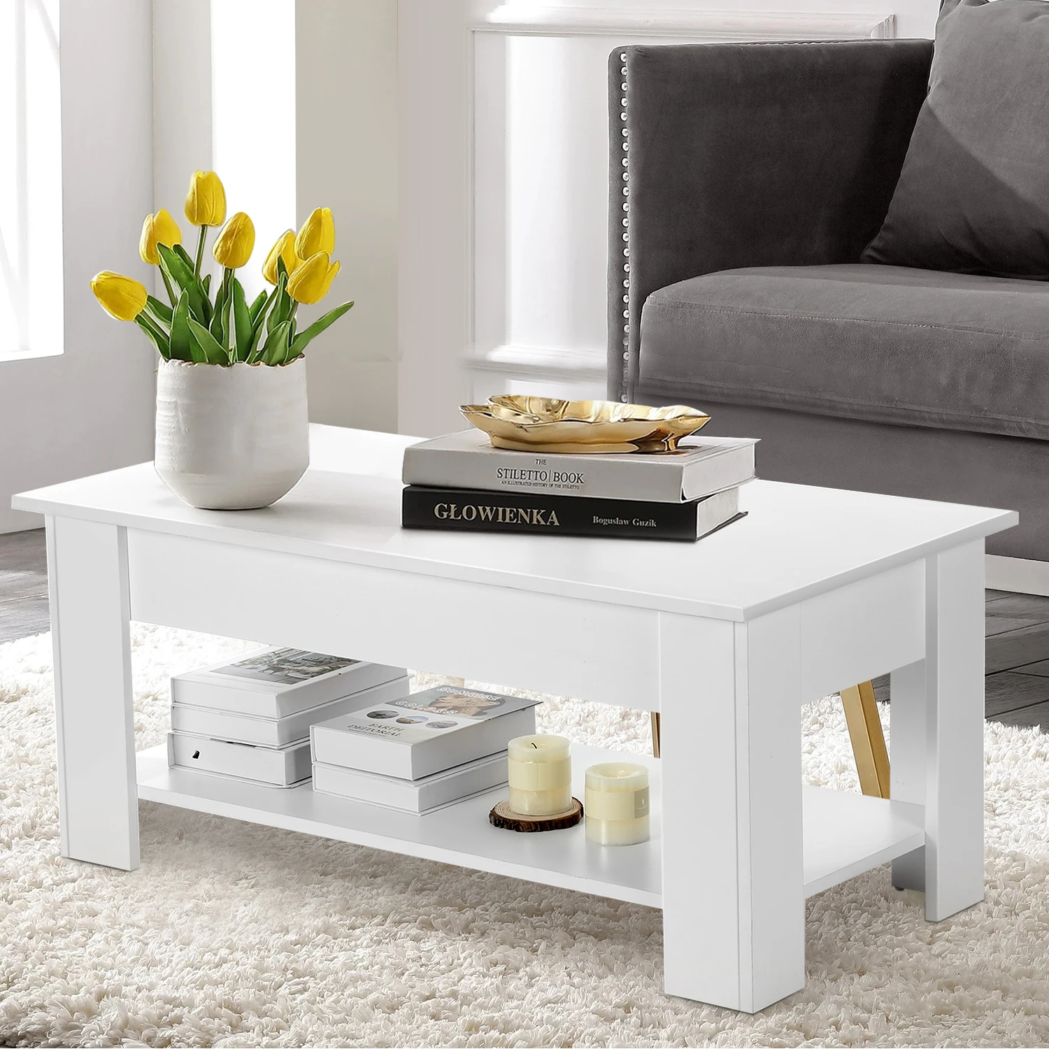 Lift-Top-Couchtisch mit verstecktem Stauraum, moderner, minimalistischer Lift-Top-Mitteltisch für Wohnzimmer/Büro – Weiß Image