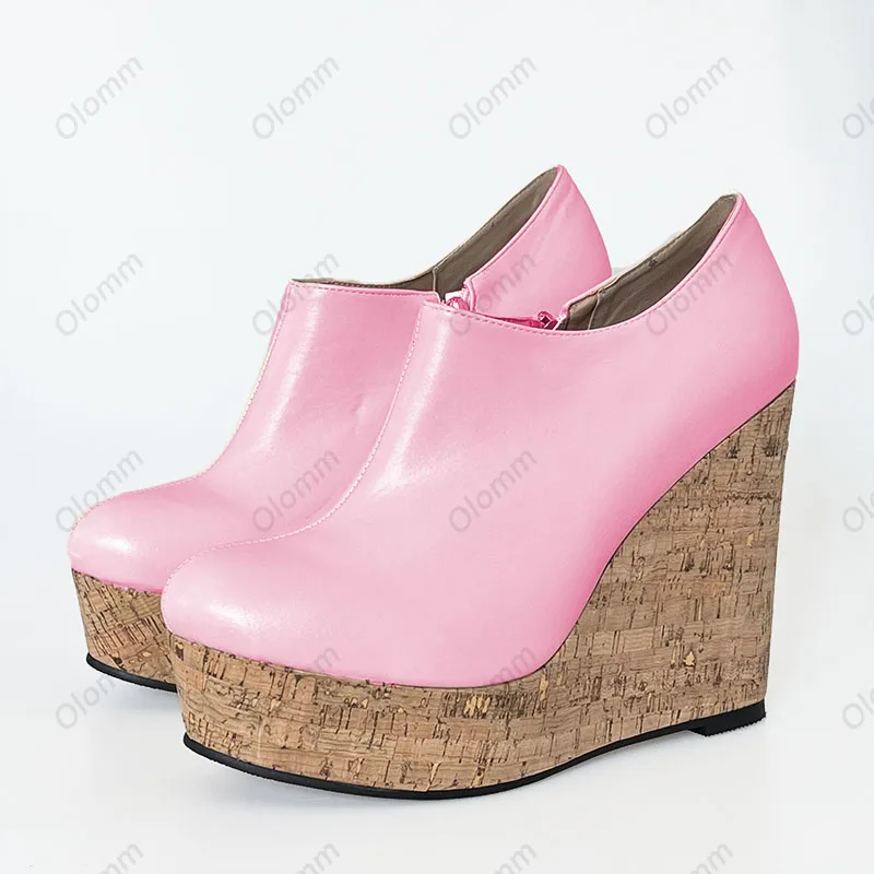Olomm Handgemachte Damen-Plateau-Pumps mit Keilabsatz, Charm, runde Zehen, Beige, Weiß, Rosa, Freizeitschuhe für Damen, Übergröße, US-Größe 5–20 Image