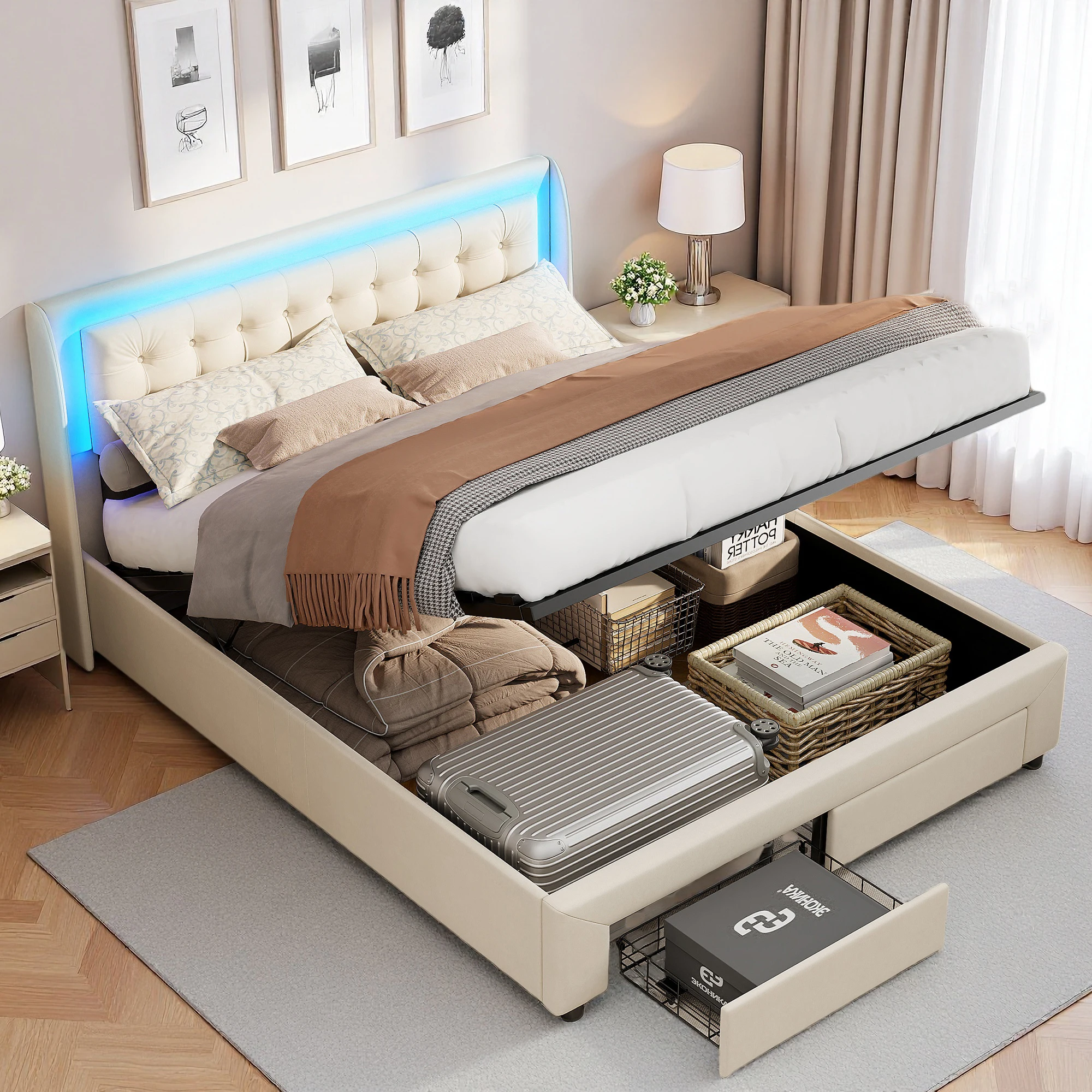 Superaly 140x190cm Polsterbett mit Schubladen & LED-Kopfteil, Hydraulisches Stauraumbett, Bett mit Bettkasten, Jugendbett, Samt, Beige