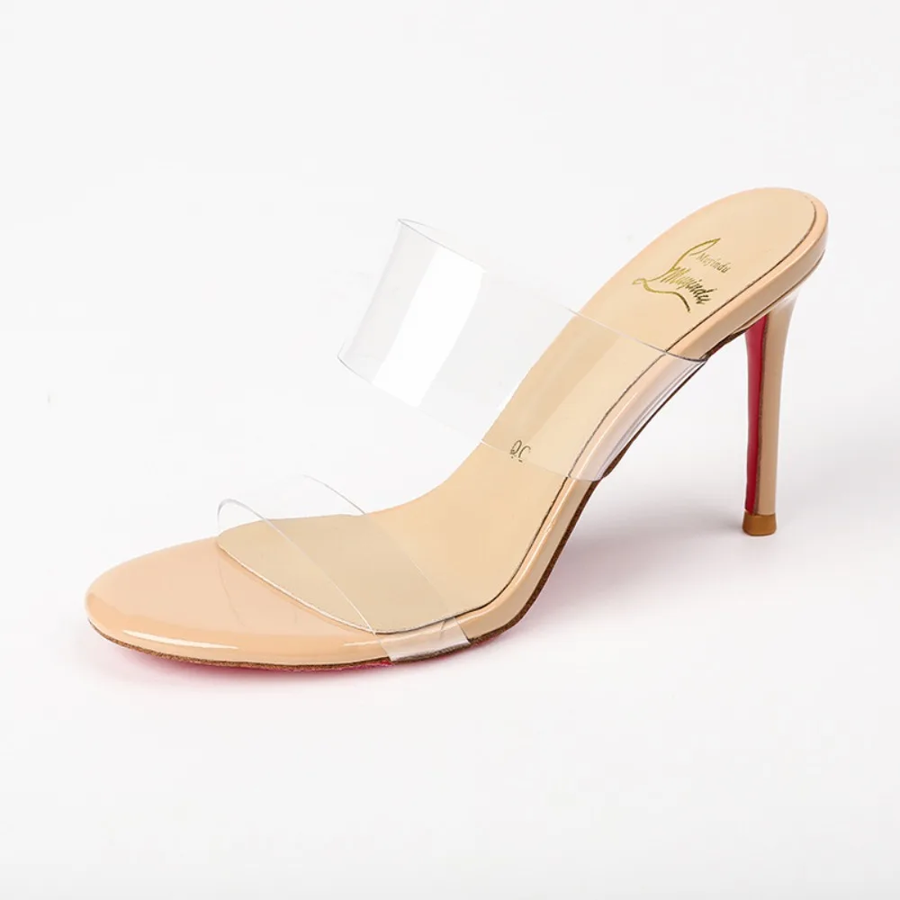New Office Ladies Women's Nude Patent Leather Round Toe Slip On Mule Two Clear Straps Stiletto Heel Red Sole High Heels Shoes
