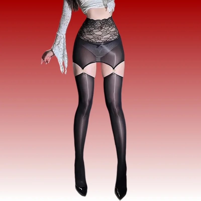 Reggicalze e calze da donna in pizzo Set Minigonna lucida a olio Lingerie sexy Collant trasparente Bretelle erotiche per night club