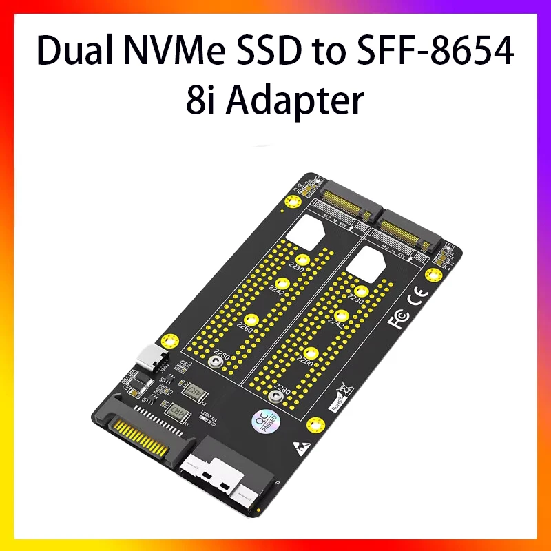 Dualer 2X M.2 NVME SSD zu Slimline SFF-8654 8X Adapter unterstützt M.2 Nvme SSD im Format 2230/2242/ 2260/2280 Dual Nvme SSD Design Image