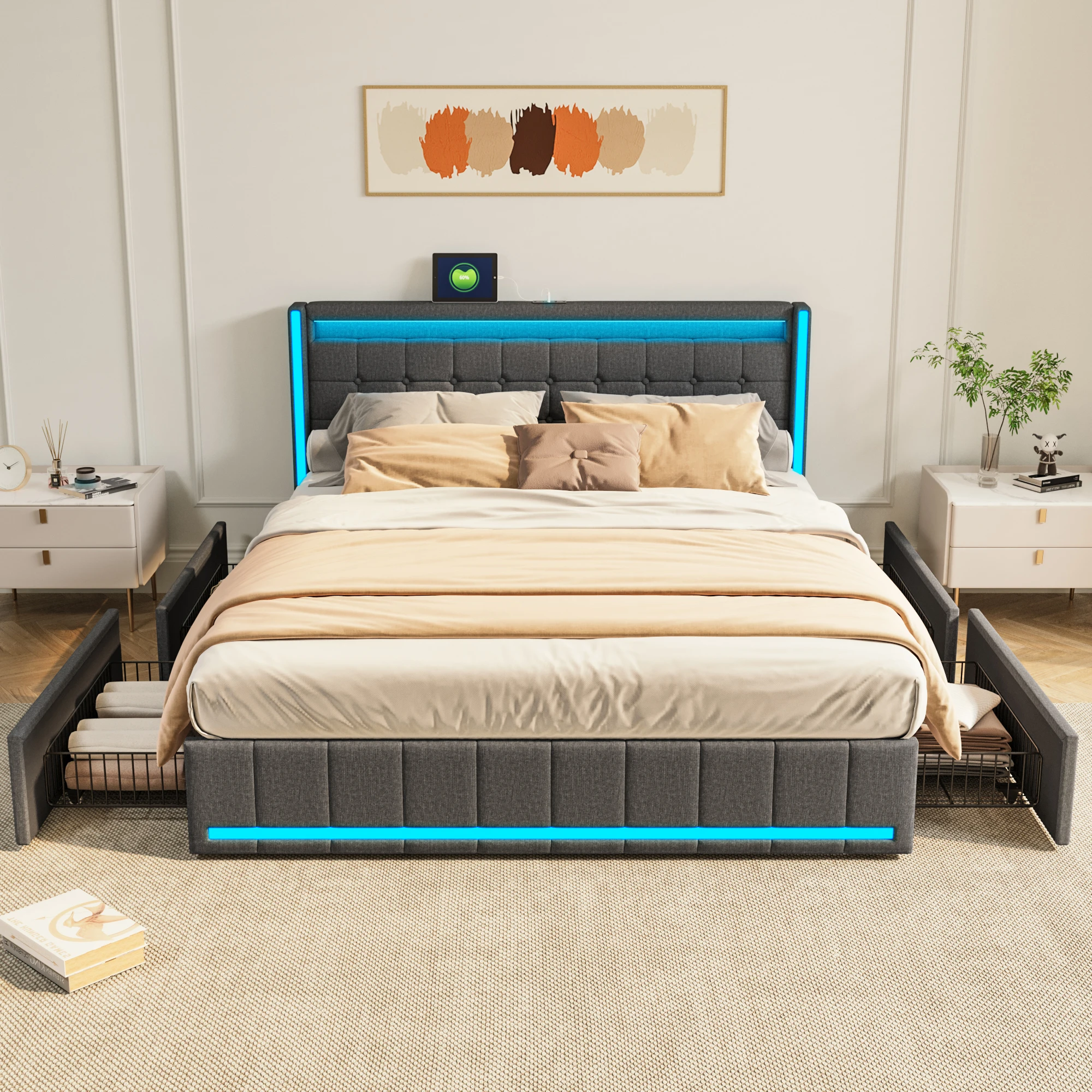 Anajqaqia 160×200/140×200/140×190 cm Polster-Doppelbett, USB-Ladefunktion und Lattenrost, mit LED-Kopfteil und 4 Schubladen Image