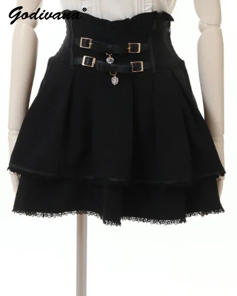 Liz süße japanische Stil Mine Bogen Geflecht Leders chnalle hohe Taille kurze Rock Shorts Frauen Herbst rosa Spitze Ballkleid Rock Image