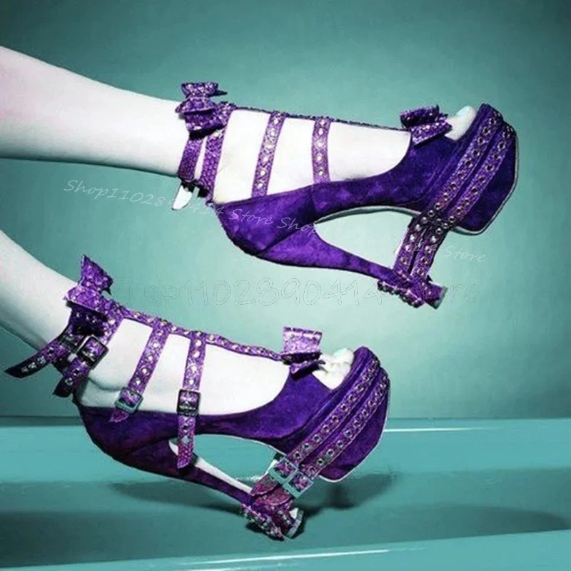 Lila Schnalle Bogen Knoten Dekor Plattform Sandalen Stiefel Knöchel Schnalle Frauen Schuhe Dünne High Heels Sexy 2025, Zapatos Para Mujere