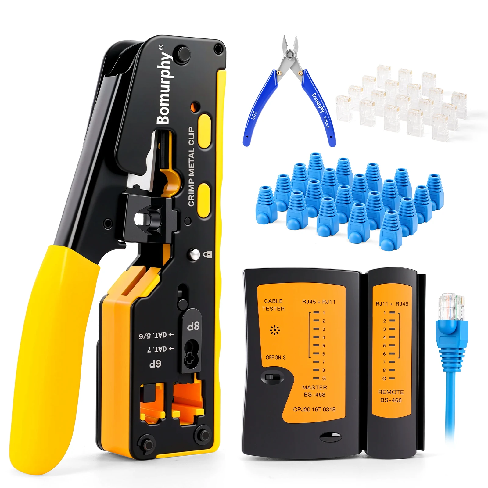 Bomurphy RJ45 Crimp Tool Kit Pass Thru Ethernet Crimper für Cat5e Cat6 Cat6a 8P8C Modularsteckverbinder, All-in-One Crimpzange Image