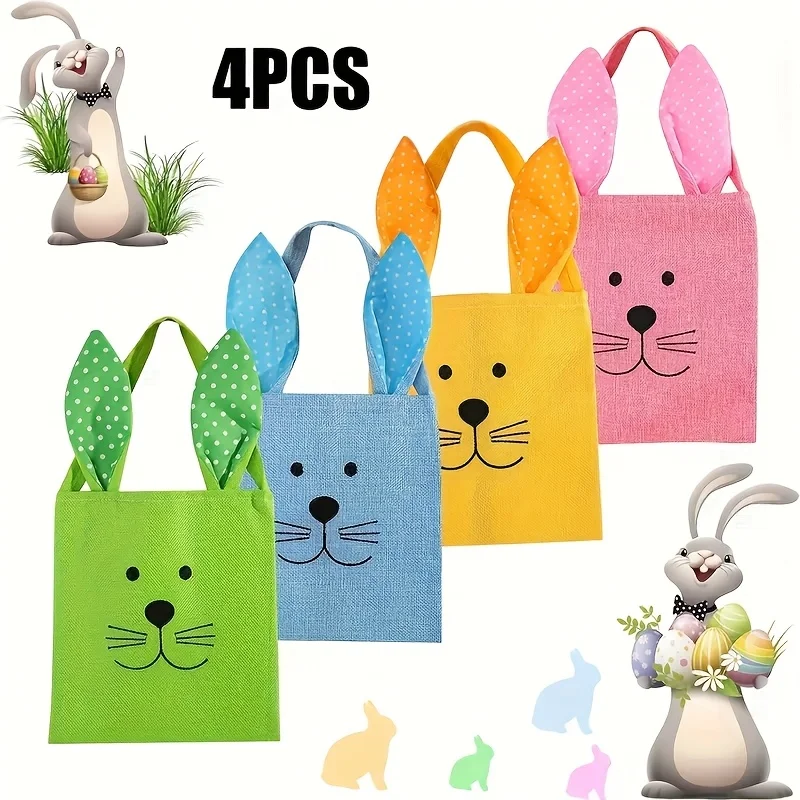 4 Stück Oster-Geschenktüten, niedliche Kaninchen-Handtasche mit Hasenohren, Geschenk-Aufbewahrungstaschen, Party- und Festival-Geschenktüten Image